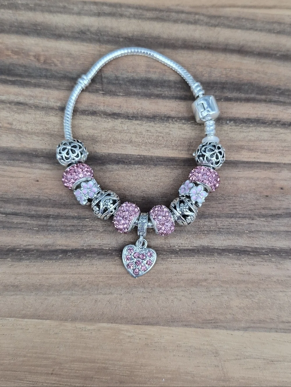 Stunning! Pink & Silver Crystal Charm Bracelet, Approx 7